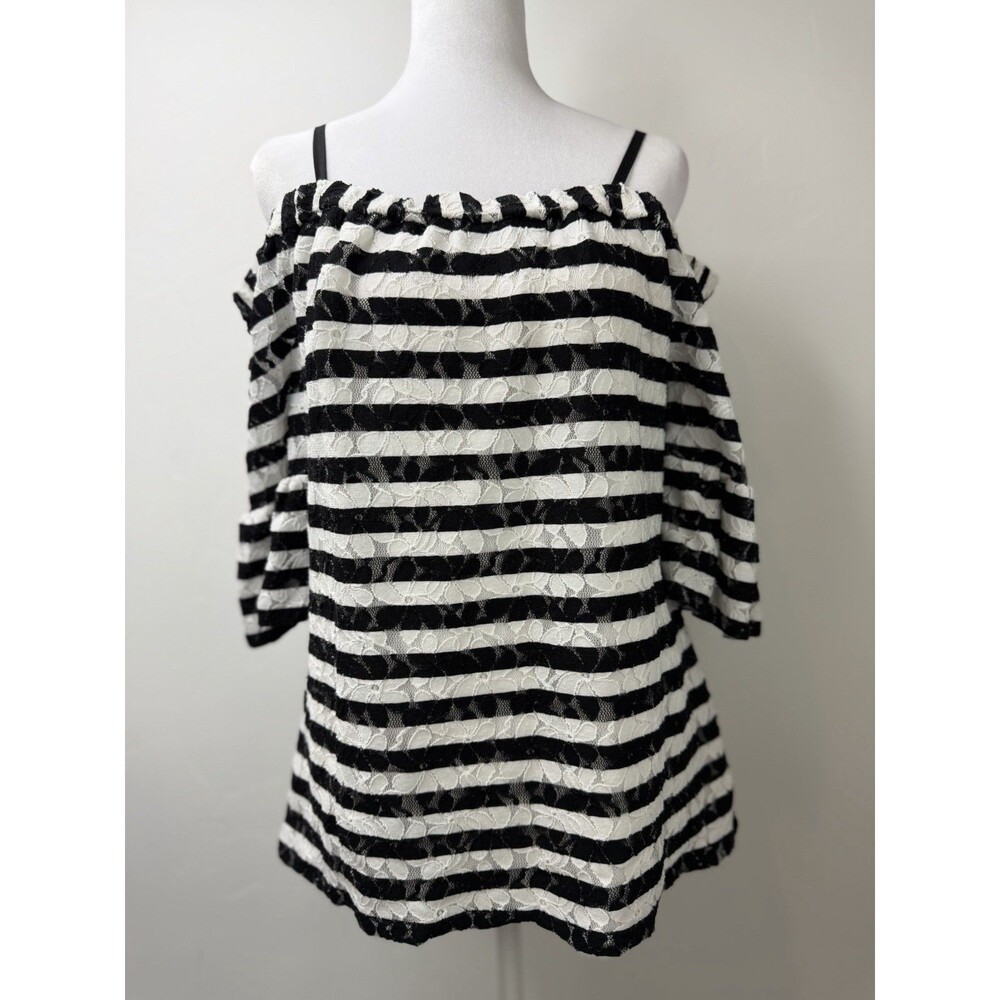 Karl Lagerfeld Paris Off Shoulder Top Womens Medium Black White Stripe Lace Blou